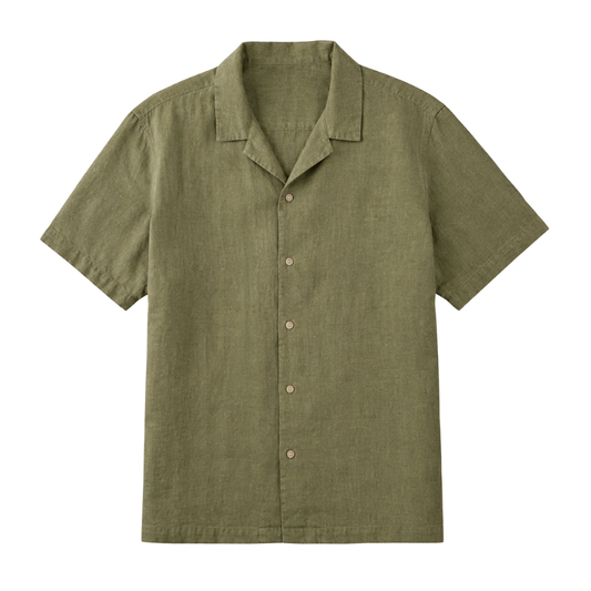Olive Linen Camp Collar Shirt